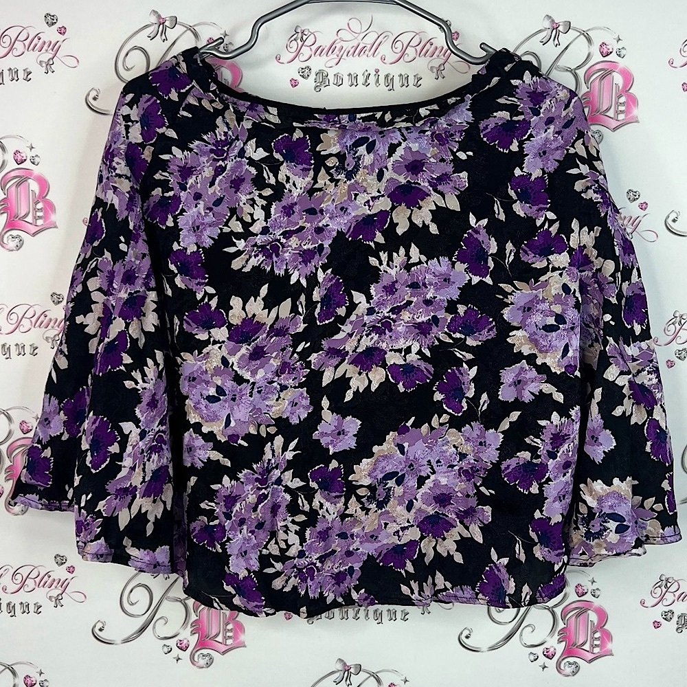 Ricki's top shirt ruffle sleeves flowers flowy Black and Purple Floral Blouse